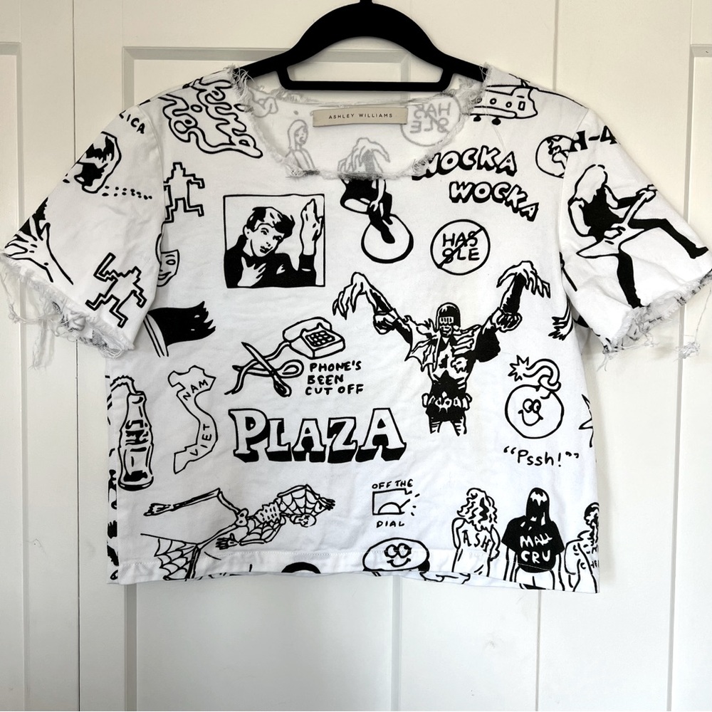 Ashley Williams London Denim Boxy Cropped Printed Comic Style T-Shirt Size 10